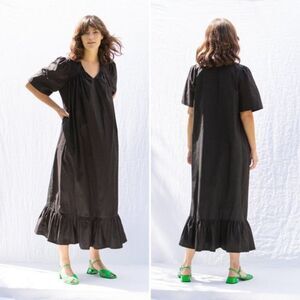 Tigre et Tigre Rolf Cotton Poplin Ruffle Lightweight Midi Dress Black, Size XS/S